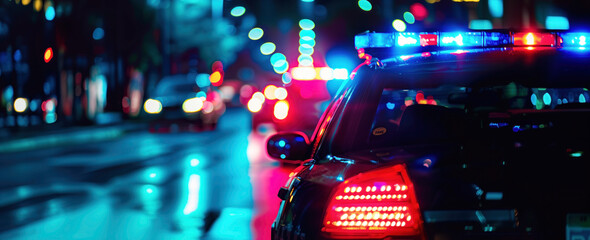 Close-up of police car lights at night. Colorful city lights in soft focus background. Shallow depth of field - obrazy, fototapety, plakaty