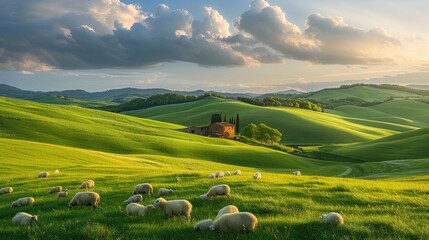 Idyllic view of sheep grazing on verdant rolling hills near a rustic farmhouse, bathed in warm sunlight.
