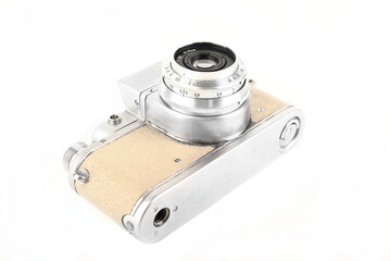 Vintage 35 mm SLR camera pink body on white background.