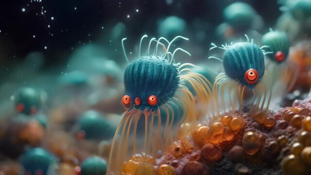 3D illustration of a group of microorganisms in a marine environment, Explore the beauty of the microscopic world with stunning images, AI Generated