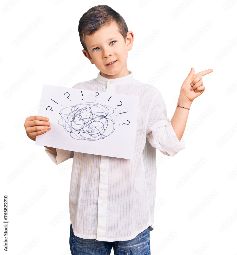 Sticker cute blond kid holding scribble draw smiling happy pointing with hand and finger to the side