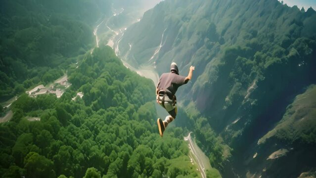 Skydiving in the mountains. A man jumps from a cliff into the abyss, Extreme Bungee jumping on the mountain, top view, no visible faces, AI Generated