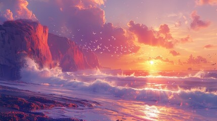 A vibrant sunset over the ocean with waves crashing against towering cliffs under a dynamic sky.