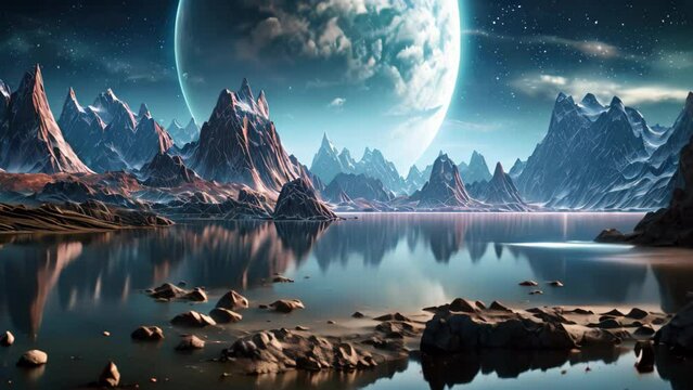Fantasy alien planet. Mountain and lake. 3D illustration, Fantasy alien planet. Mountain and lake, AI Generated