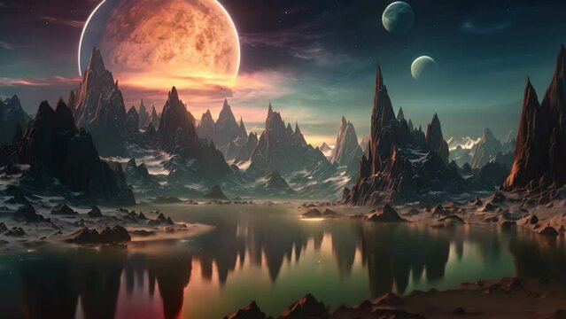 Fantasy alien planet. Mountain and lake. 3D illustration, Fantasy alien planet. Mountain and lake, AI Generated