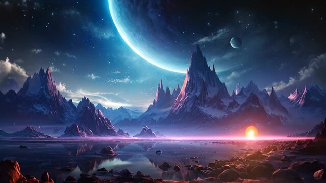 Fantasy alien planet. Mountain and lake. 3D illustration, Fantasy alien planet. Mountain and lake, AI Generated