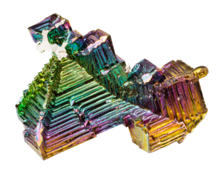 close up of sample of stone from geological collection - grown bismuth crystals covered with oxide film isolated on white background