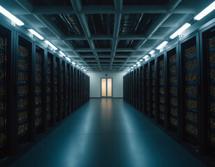 Fototapeta premium Futuristic Server Room with Blue and Golden Lights