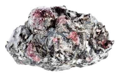 close up of sample of natural stone from geological collection - raw red garnets in rock isolated on white background from Karelia, Shueretskoye deposit