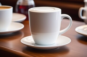 A white coffee cup on the table. Coziness and advertisement of coffee shops 