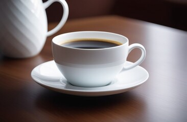 Obraz premium A white coffee cup on the table. Coziness and advertisement of coffee shops 
