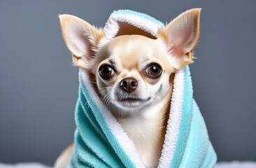 Cute funny chihuahua dog wearing towel after bath, dog spa and grooming concept.