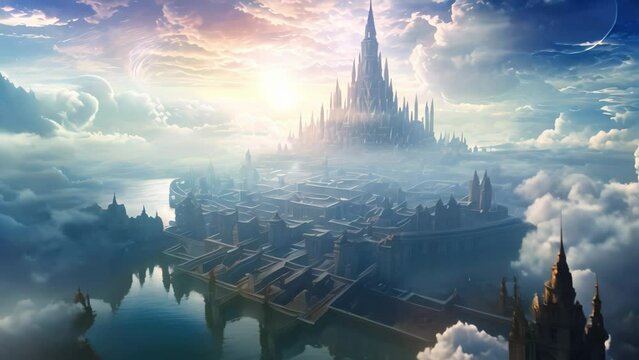 Fantasy landscape with ancient temple and cloudy sky. 3D rendering, Generate an image that unveils the ethereal beauty, AI Generated