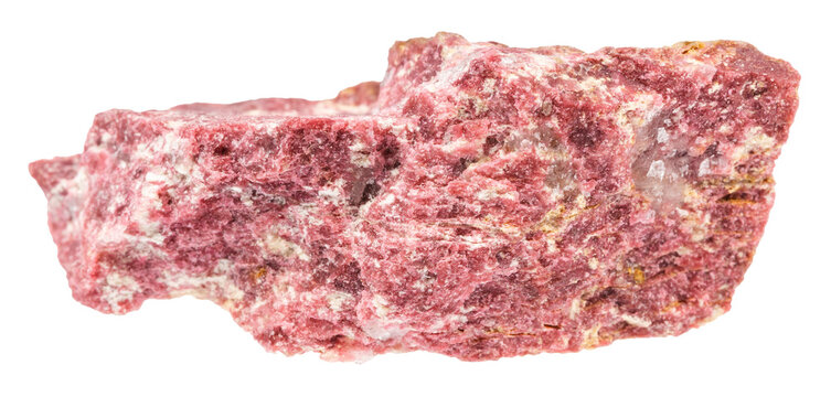 close up of sample of natural stone from geological collection - unpolished thulite mineral isolated on white background from Norway