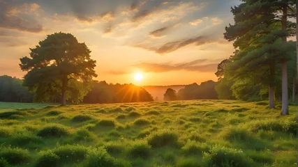 Fototapeten Beautiful, expansive sunrise or sunset over a verdant summertime woodland © Ashan