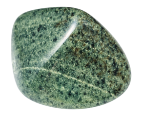 close up of sample of natural stone from geological collection - tumbled green quartzite mineral isolated on white background from Kola Peninsula