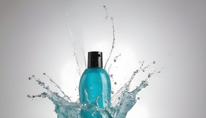 Bottle of shampoo splashing water and bubbles