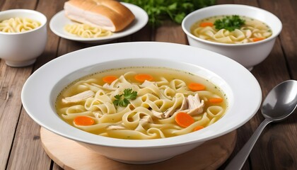 Chicken noodle soup in white bowl