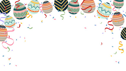 Retro colorful Easter painted eggs, ribbon and confetti banner. greeting card, header for website - 765824134