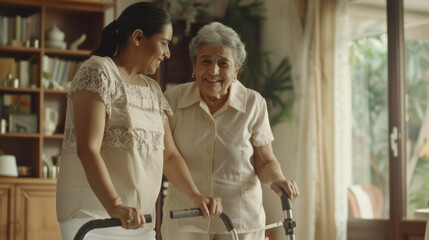 A caregiver assists an elderly lady using a walker in a home environment.