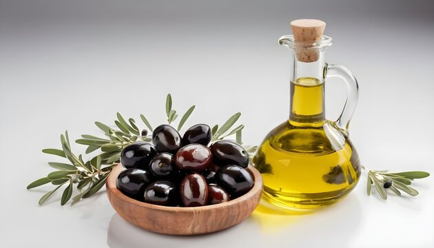 Extra virgin olive oil, olives over a white background.