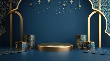 Dark Blue 3D Podium Mockup Gold Aesthetic for greeting cards or promotional media for Eid al-Adha special sale products