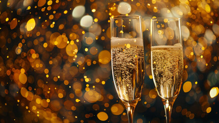 Two glasses of sparkling champagne with a golden bokeh background are raised in a toast.