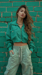 Portrait of Asian attractive woman against background of green brick wall