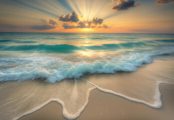Sunrise over the ocean with gentle waves and sandy beach  - obrazy, fototapety, plakaty