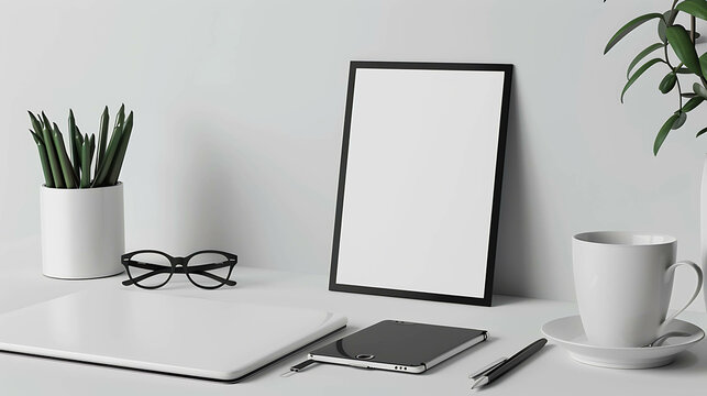A desk with a laptop, a plant, a cup of coffee, a picture frame, glasses, a pen and a smartphone. The desk has a white color.