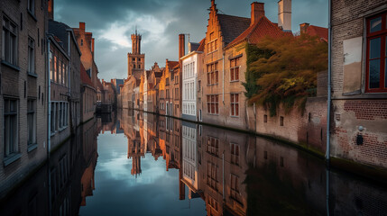 Bruges Medieval Reflection - obrazy, fototapety, plakaty