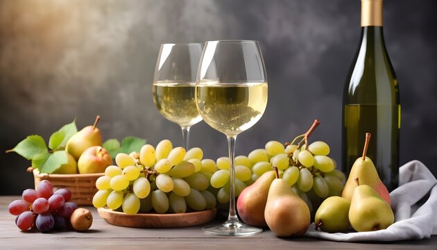 White wine in a glass served with fresh fruits grapes, pears