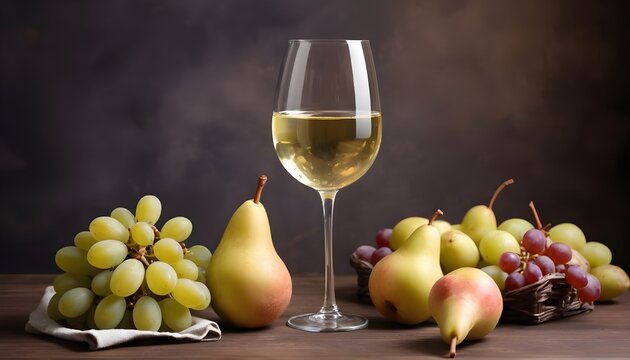White wine in a glass served with fresh fruits grapes, pears