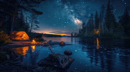 A serene lakeside campsite with a tent, campfire under a star-filled sky at dusk. - obrazy, fototapety, plakaty