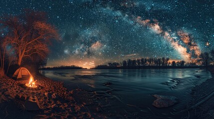 A tranquil camping scene by a river with a glowing campfire under a star-filled sky and the Milky...