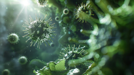 A cluster of stylized virus particles is floating against a dark background.