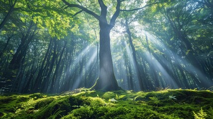 Majestic tree with sun rays piercing through the lush green forest.
