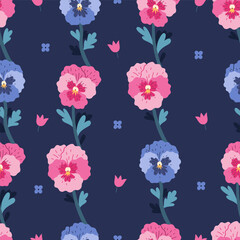 Seamless pattern of pansy flowers on a blue background. Vector graphics.