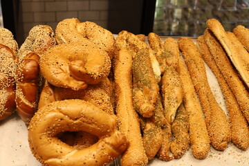 Bread and bakery products are sold in a bakery in Israel.