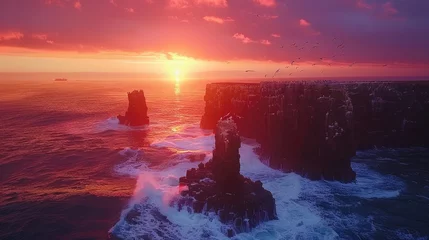 Türaufkleber Vivid sunset over ocean cliffs, with waves crashing and birds flying against a colorful sky. © Jonas