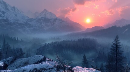 A scenic sunset view with vibrant skies over a foggy forest and snow-capped mountain range.