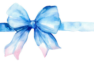 Watercolor blue bow with shades of pink isolated on white background. Birthday, party, events