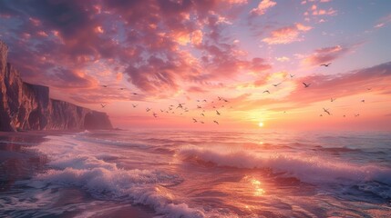 A tranquil ocean sunset with birds in flight, gentle waves, and towering cliffs under a pink-hued sky.