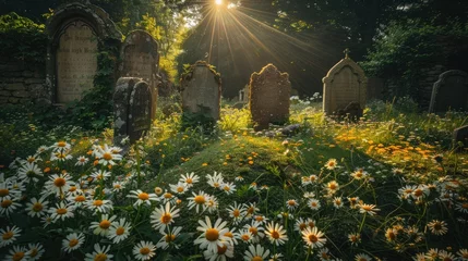 Tuinposter Sunlight beams through trees onto a peaceful cemetery with blooming flowers. © Jonas