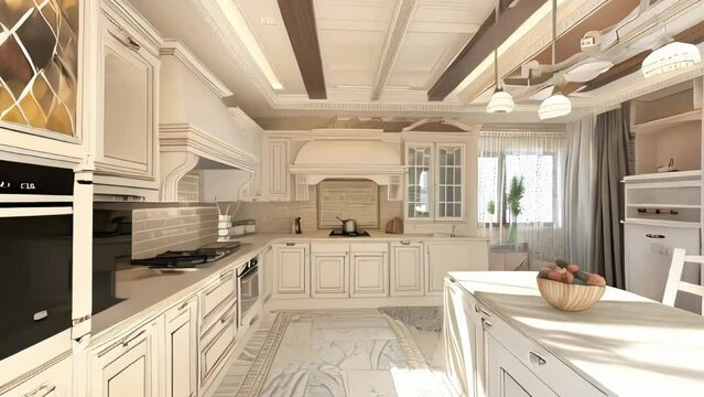 classic kitchen in beige color with white cabinets