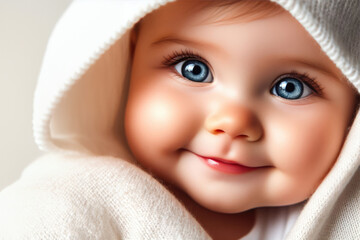 A baby with blue eyes is smiling and looking at camera