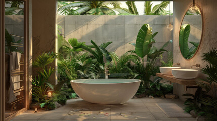 Luxurious freestanding bathtub in a lush tropical bathroom