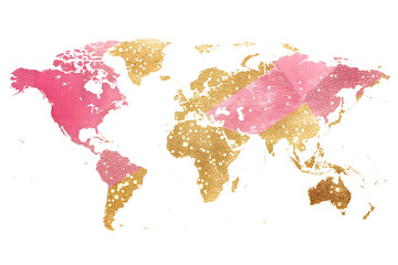 Watercolor World Map in Pink and Gold Tones - Isolated on Transparent White Background PNG