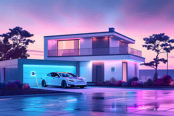 Electric car connected to the charger in a modern house, in a purple sunset - obrazy, fototapety, plakaty