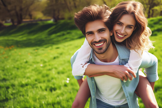 man and woman are smiling and posing for picture in grassy field